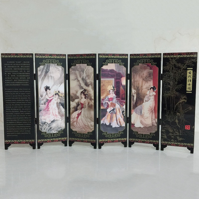 Room Screen Divider Golden Lacquer Folding Partition 6 Panel Separator Movable Decor 48*24*0.6cm Ancient Ladies