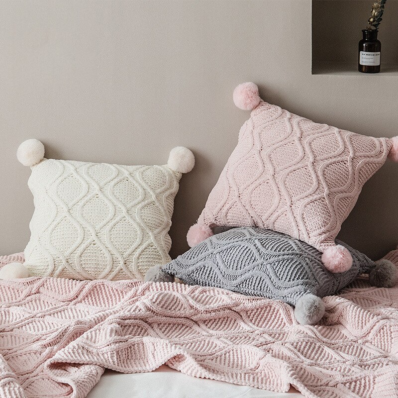 Hæklet chenille strikket pudebetræk pink beige grå pudebetræk med pompon hjemme sovesofa stue 45 x 45cm pudebetræk