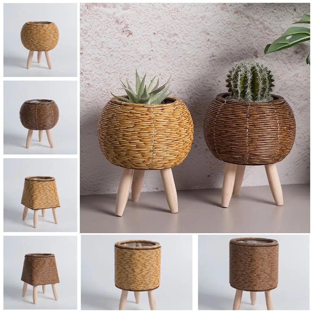 Maceta hecha a mano, florero decorativo para plantas, macetas de ratán para interiores, adornos de escritorio, macetas y jardineras de jardín