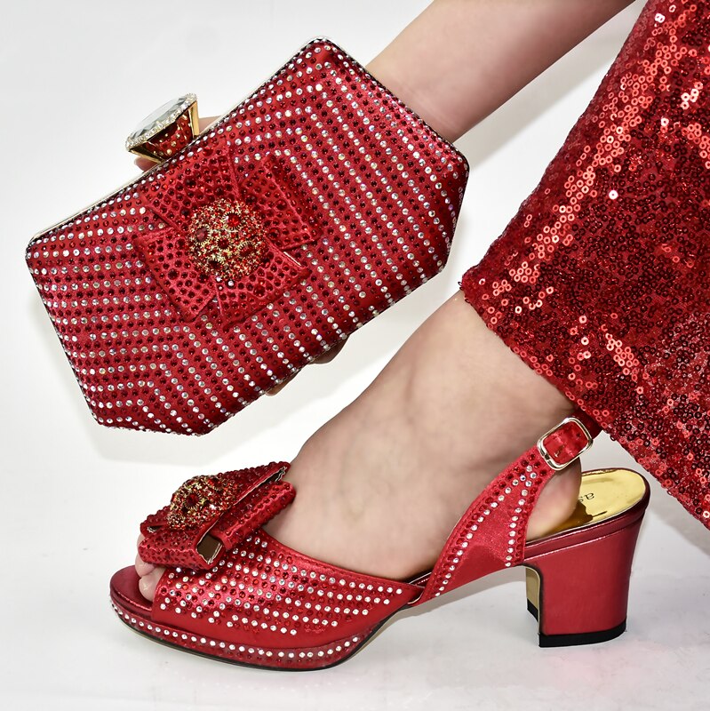 African Shoe and Bag Set Italian Women Wedding Pumps with Purse African Shoe and Bag Set Decorated with Rhinestone: Red / 7.5