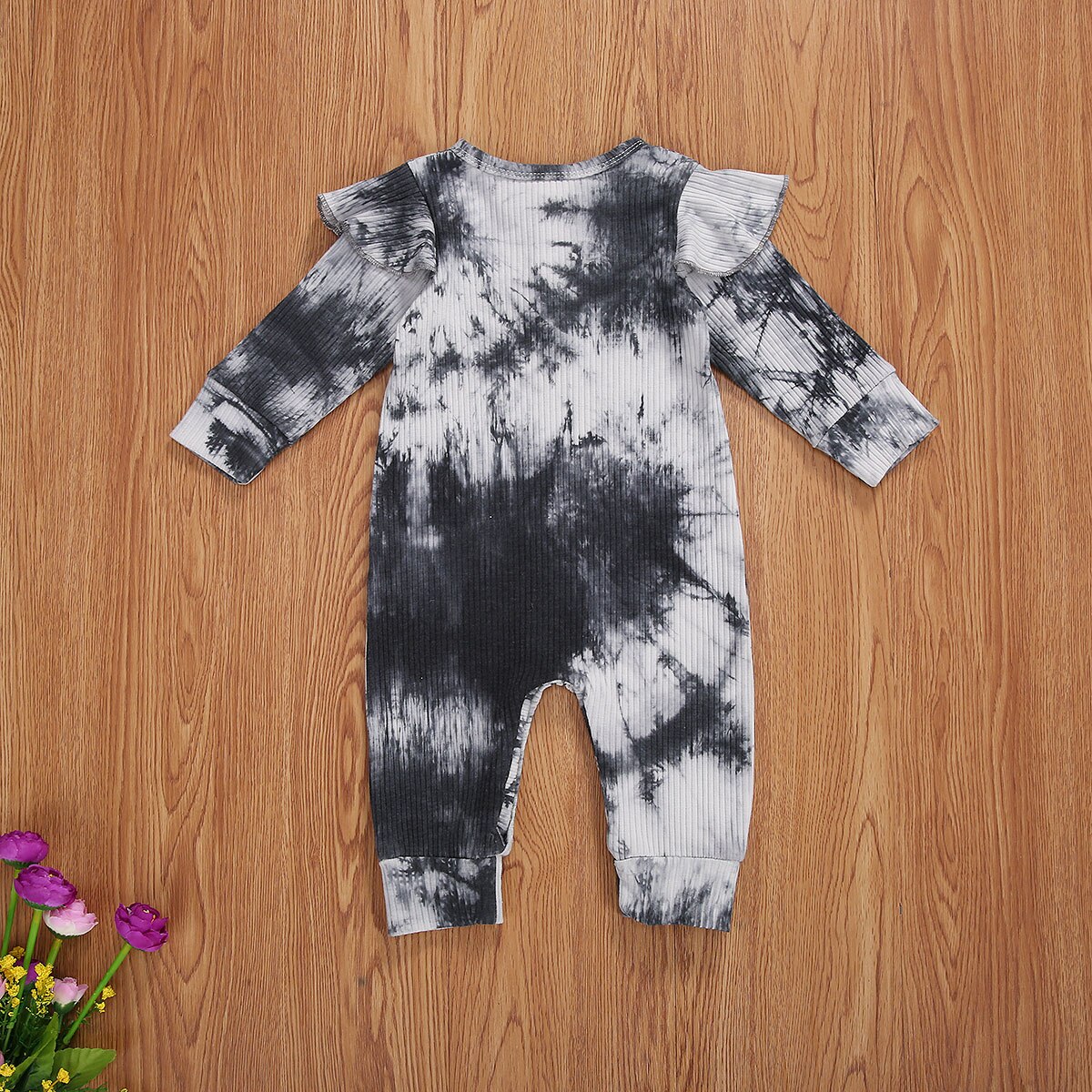 Focusnorm Tie-Dye Gedrukt Baby Meisjes Jongens Rompertjes Lange Mouwen Kleurverloop Knop Geribbelde Sluiten Lente Kleding