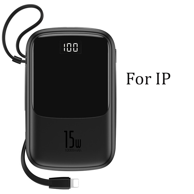 Baseus 10000mAh Mini Power Bank Built in Cables PowerBank External Battery Charger For iPhone 12 11 Pro Xiaomi Samsung Huawei: Black with iP Cable