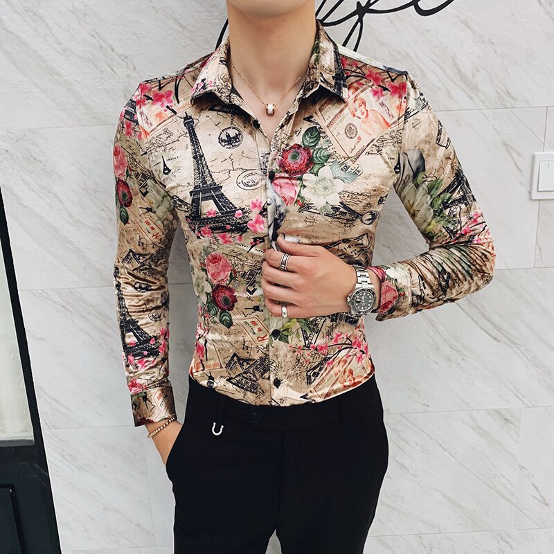 Camisas de terciopelo de para hombre, vestido de con estampado de de invierno, camisas de manga larga, camisa informal barroca ajustada para hombre, camisa para de graduación