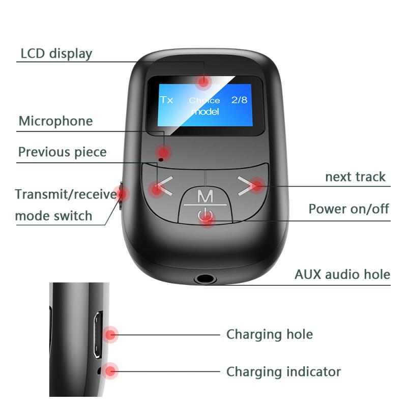 T14 LCD Display Bluetooth 5.0 Audio Transmitter/Receiver Adapter AUX RCA Stereo Wireless Adapter Dongle For PC Car Speaker