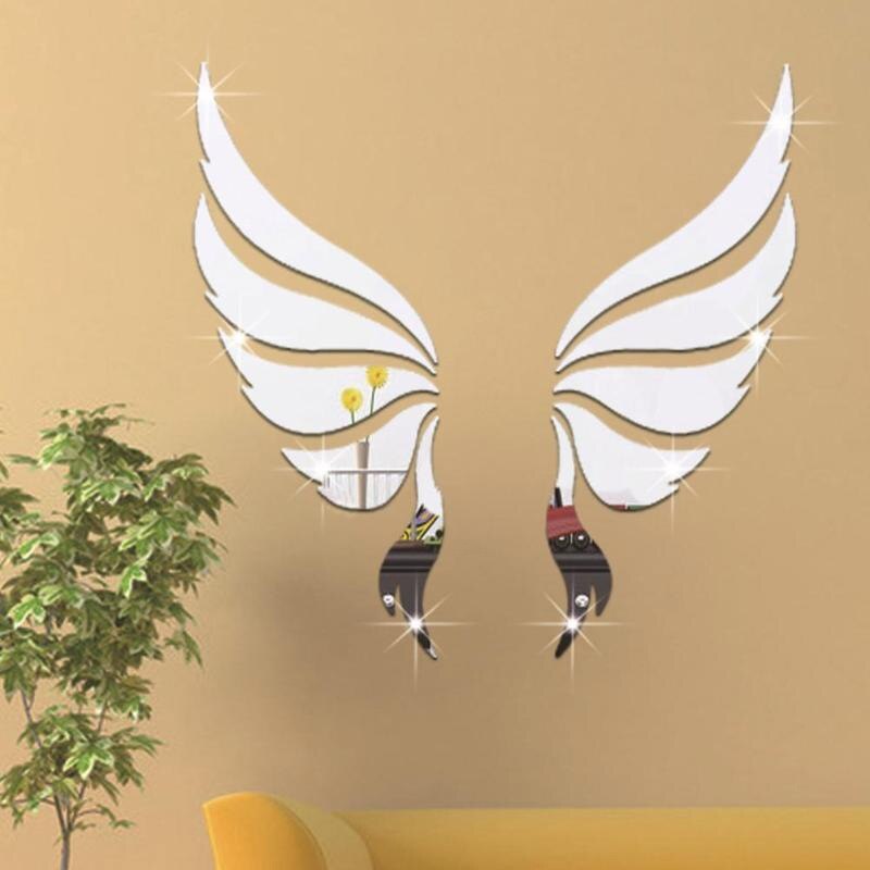 3D Angel Wings Mirror Stickers DIY Self Adhesive Decorative Wall Decal Art Mural For Home Living Room Bedroom Decor-