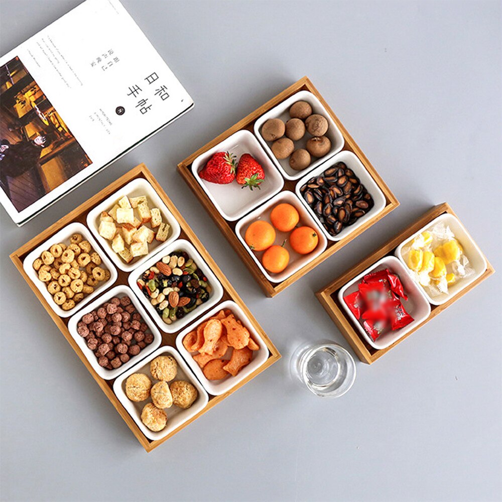 Ceramic Grid Fruit Snack Plate Serving Platter Japanese Small Dish with Tray Japanese-Style Ceramic Bamboo Fruit Nuts Plate