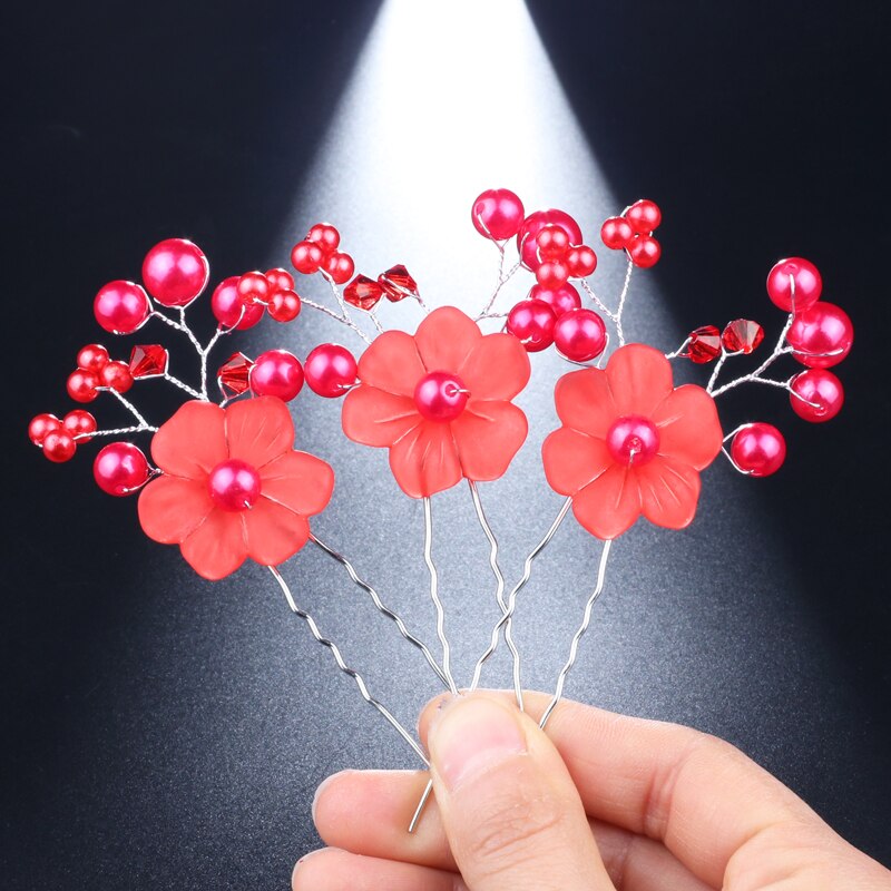 Vintage Hair Jewelry Crystal Rhinestone Handmade Leaf Flower Hairpins Hair Clips Wedding Bridal Headwear Hair Pins: hehua red