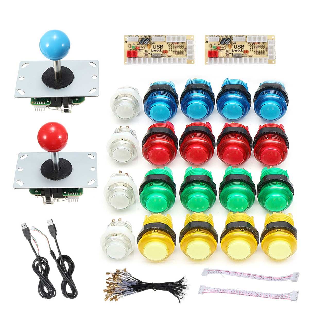 DIY Joystick Arcade Kits 2 Players With 20 LED Arcade Buttons + 2 Joysticks + 2 USB Encoder Kit + Cables Arcade Game Parts Set: 2