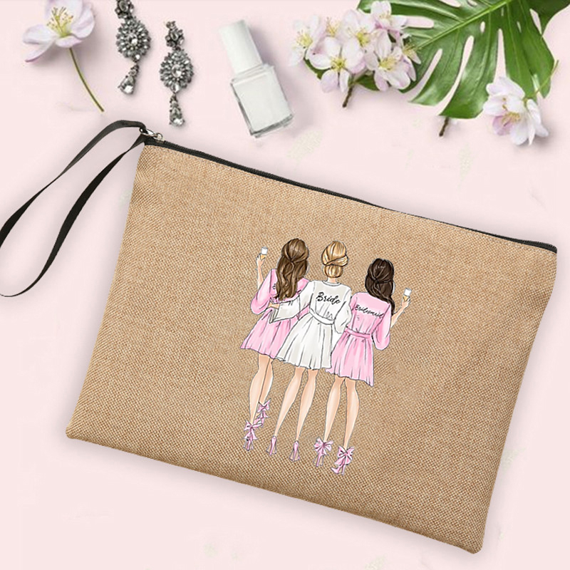 Team Bride Print Cosmetic Bags Bachelorette Party Neceser Makeup Bag Linen Pouch Travel Toiletry Organizer Bridal Shower: Q08307-A012BR-S
