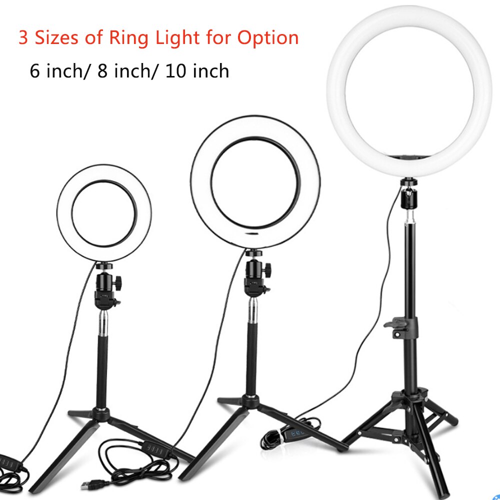 6/8/10inch Mini LED Video Ring Light Lamp Dimmable 3 Lighting Modes USB w/ Tripod Stand Remote Shutter for Network Selfie Makeup