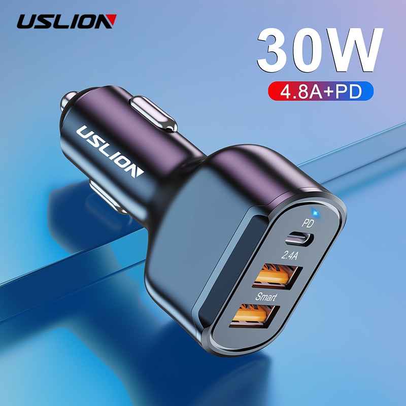 Uslion Usb Autolader Pd 30W 3 Poorten Usb Type C Fast Charge Voor Iphone 12 Xiaomi Huawei Samsung telefoon Oplader Adapter In Auto