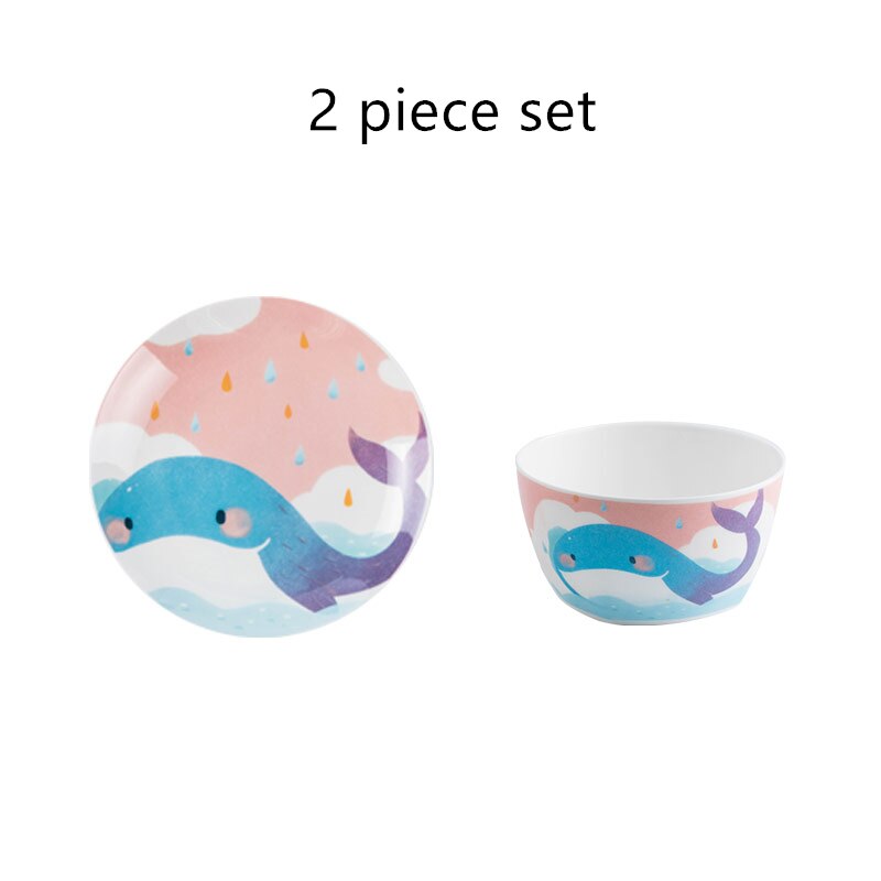 Children's Ceramic Dinner Plate Cartoon Animation Bone China Round Bowl Household Kitchen Supplies Cute Fruit Plate: E 2 piece set