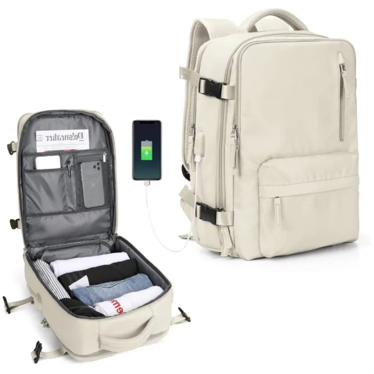 Mochila de viaje para llevar artículos personales, bolsa para vuelos aprobada, maleta de equipaje de mano de 35L, bolsa de fin de semana impermeable para hombres y mujeres: Beige