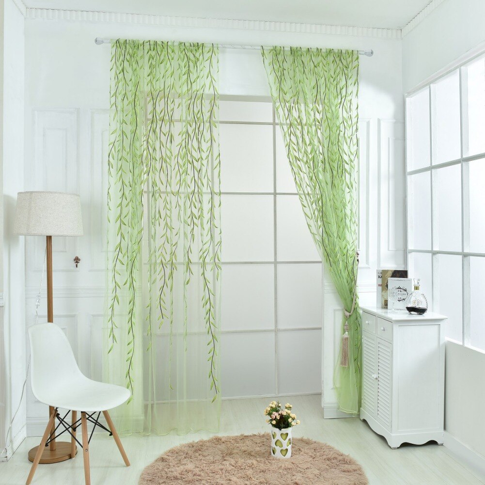 Modern Tulle Curtains for Living Room Bedroom Kitchen Green Leaf Sheer Curtains for Window Tulle Curtains Drapes: Green / 100X270CM