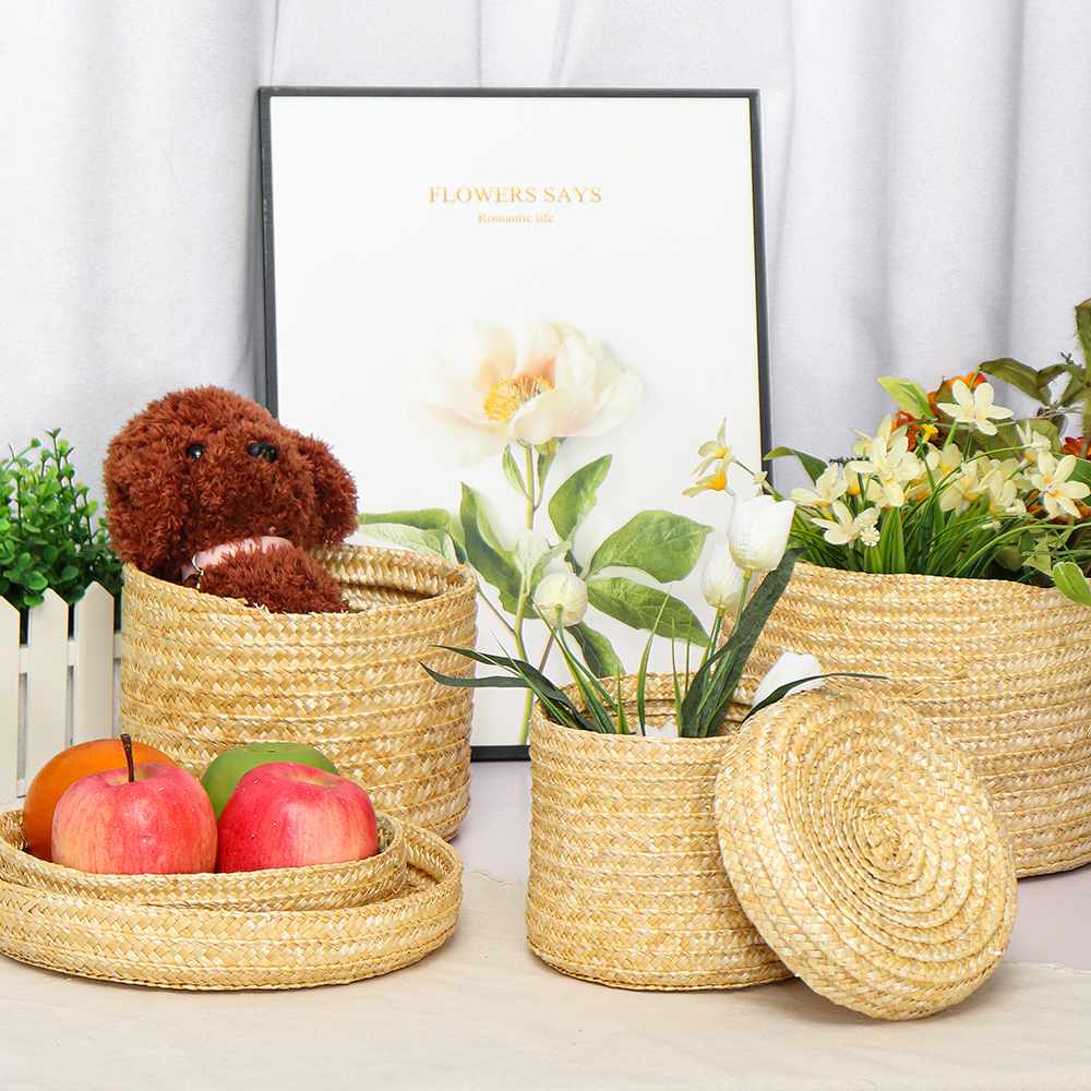 3 sztuk/zestaw ręcznie słomy pleciony koszyk z pokrywką przekąska organizator schowek kosze na pranie pojemnik ratanowy kosz na kwiaty
