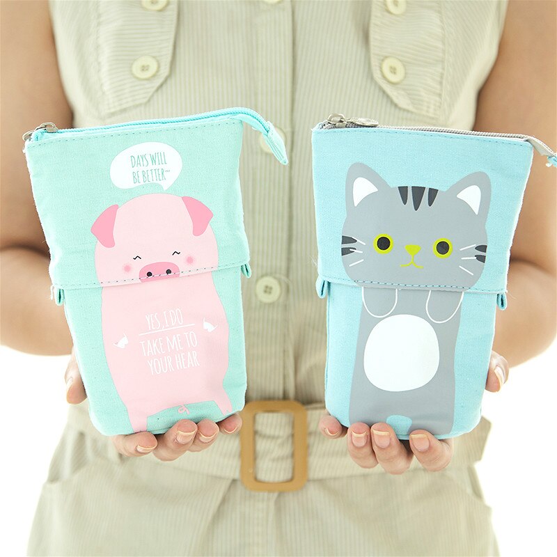 Pen Pencil Bag Case Cartoon Cute Cat Bear Sheep Canvas Fold Standing Holder Stationery Organizer Kids