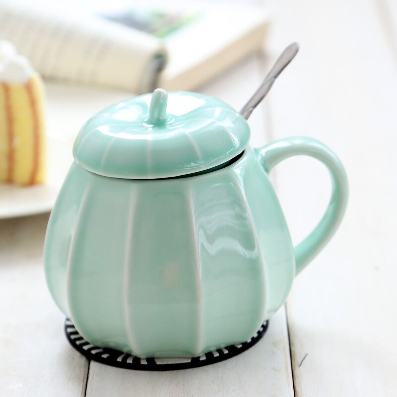 Taza de Café de Cerámica de 250ml con tapa, cuchara creativa con forma de calabaza para decoración de Halloween, tazas de celadón para desayuno, tazas de leche