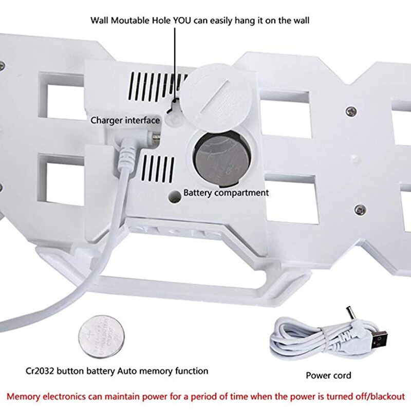 Modern Digital 3D LED Wall Clock Alarm Clocks Display Clock mechanism Alarm Snooze Clock with 12/24 Hour Display BDF99