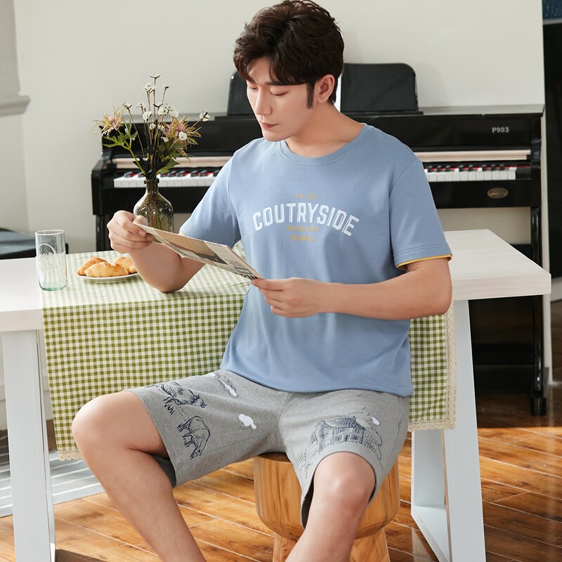 SONG Summer Men's Pure Cotton Pajama Sets Short Sleeve Simple Style Cartoon Handsome Casual Pyjamas Home Wear