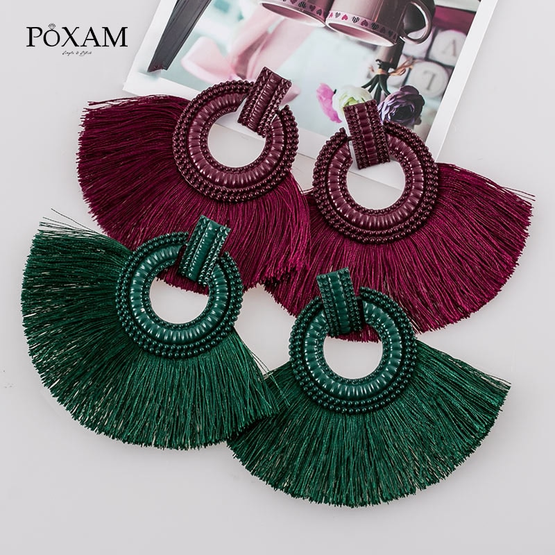 Pendientes de borla grande bohemios para mujer, aretes de flecos de tela de seda Vintage, pendientes de gota, joyería de declaración de femenina