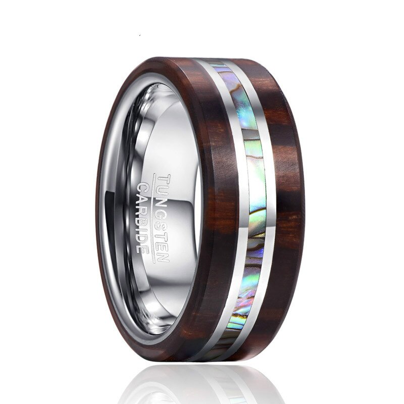 Heren graveer naamringen 8mm ebbenhouten houtnerf natuurlijke abalone schelp wolfraam stalen ring trouwring vriendje