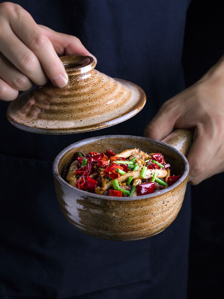 Cazuela de cerámica creativa para el hogar, olla de Guisar, horno microondas, cazuela de arroz resistente al calor, tazón de sopa con cubierta, vajilla