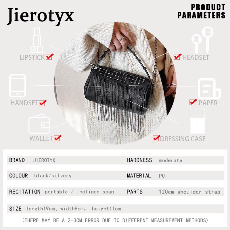 JIEROTYX Arrivals Gothic Rivets Women Handbags Casual Beaded Tassel Ladies Crossbody Bags Siliver Free