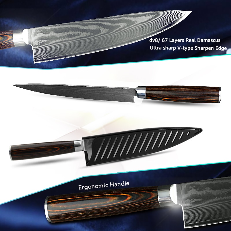 Damaskus kniv köksknivar japansk kock santoku kniv 67 lager damaskus knivar i rostfritt stål ultra skarpt pakka handtag