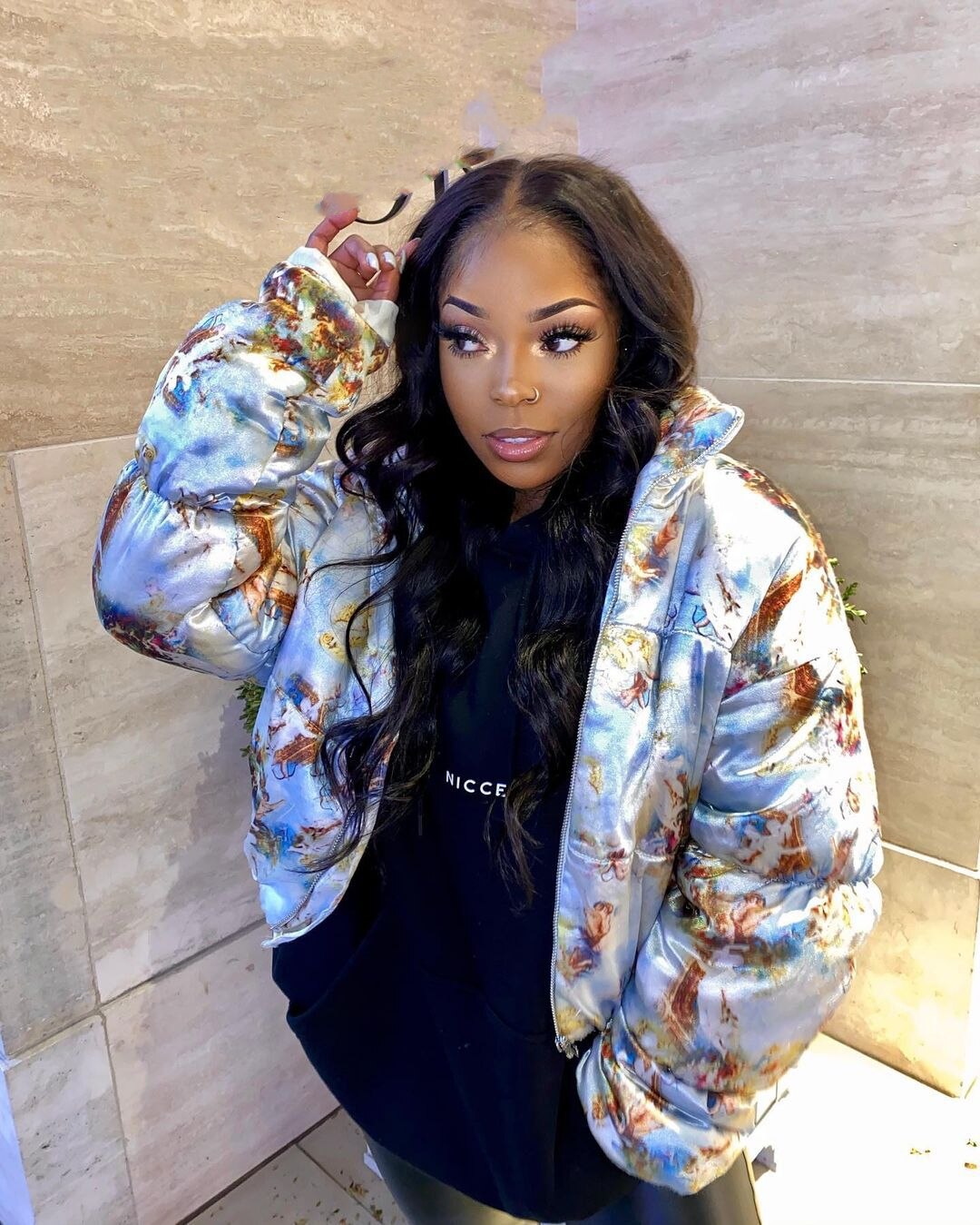 Aesthetic angel satin puffer jacket ladies streetwear zipper short bubble coat jacket wild personality