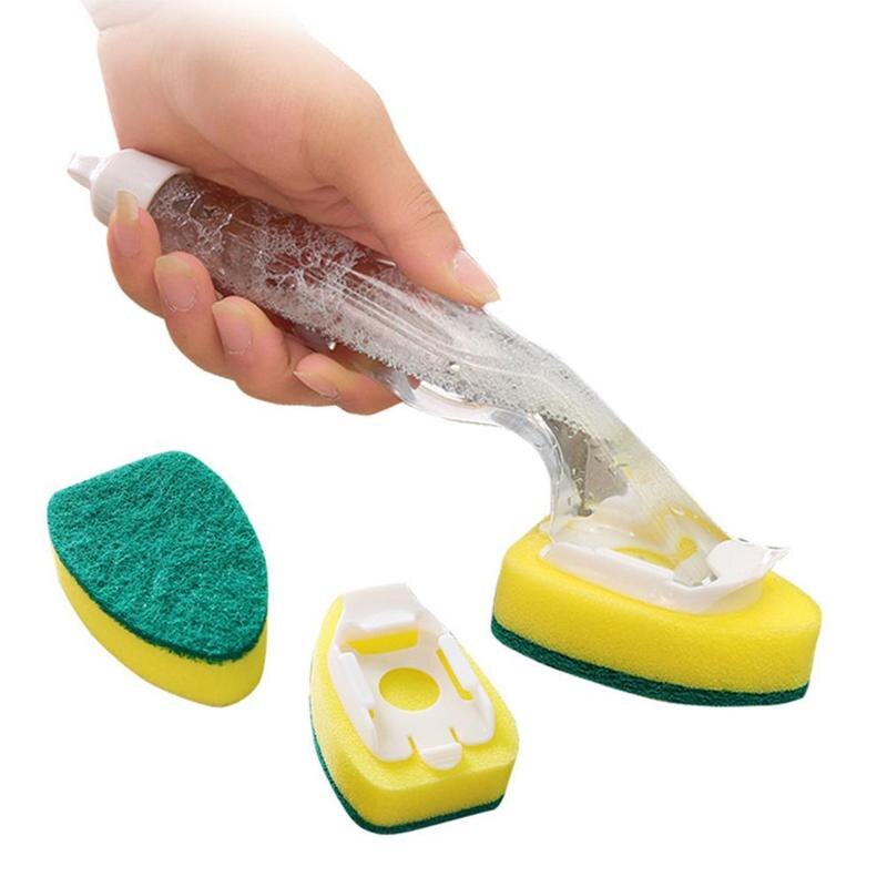 1PC Dishwashing Sponge With Handle Automatic Liquid Filling Kitchen Magic Clean Rub Pot Sponge Removing Kit Cleaning Brush