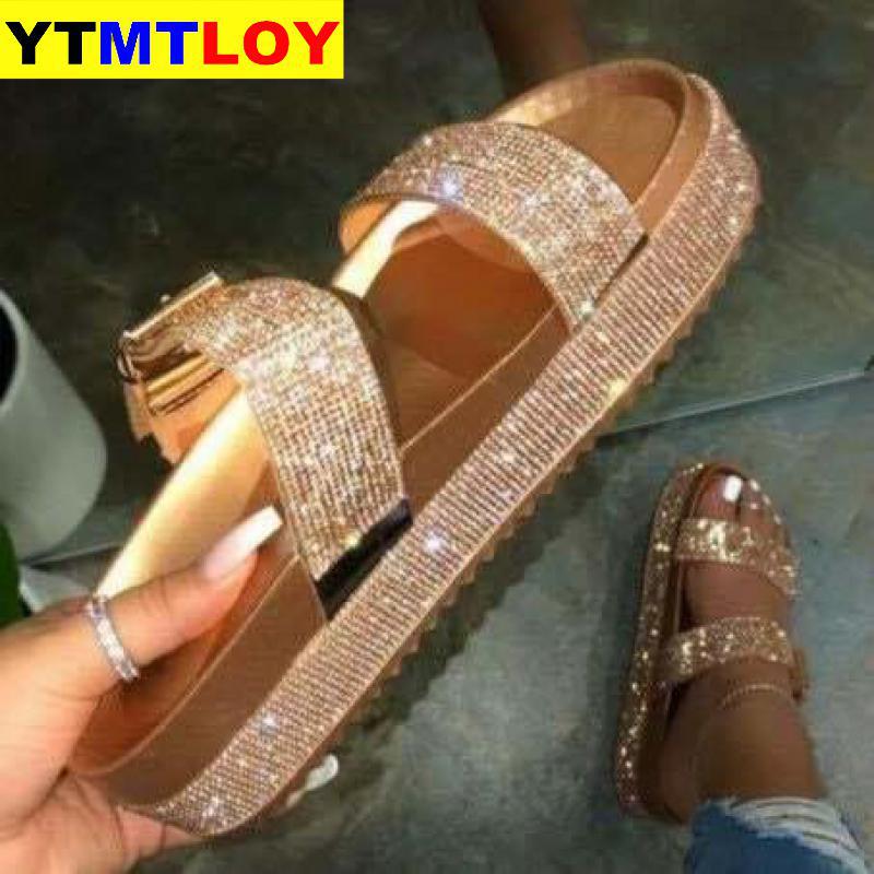 Zomer Strand Bling Bling Crystal Rome Dames Sandalen Strass Platform Gemengde Kleur Uitsparingen Wiggen Vrouwen Sandalen Schoenen Vrouw: Gold / 36