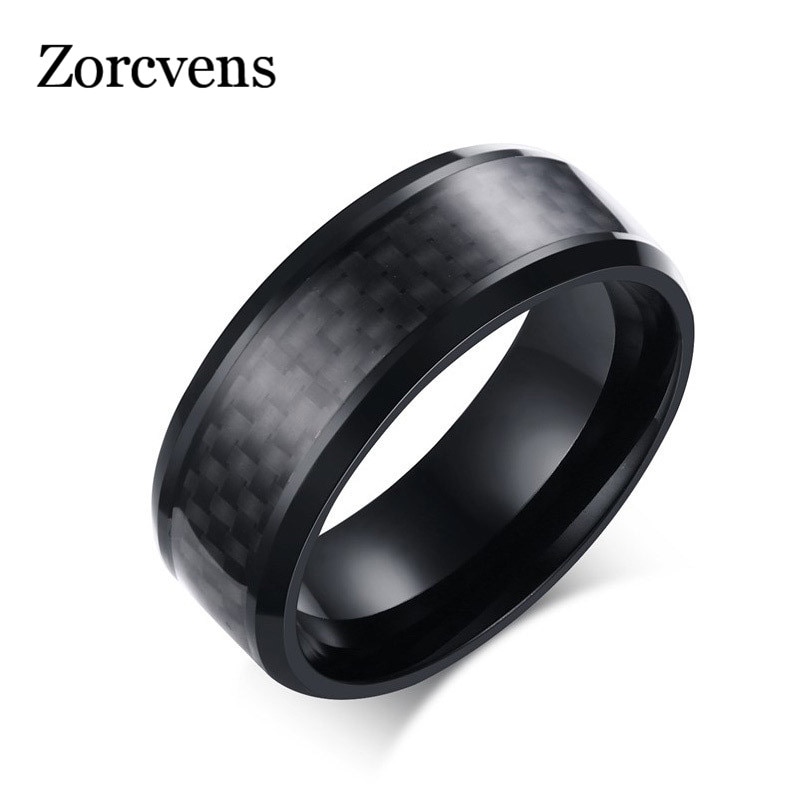 Zorcvens Black Carbon Fiber Punk Ring Voor Mannen 8Mm Rvs Wedding Heren Ringen Sieraden