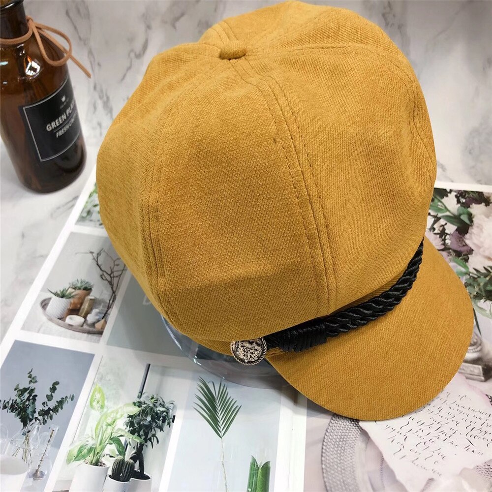 Chapeau de boulanger en sergé solide pour femme et garçon, avec bouton et cordon, rose, noir, moutarde, octogonal, pour fille