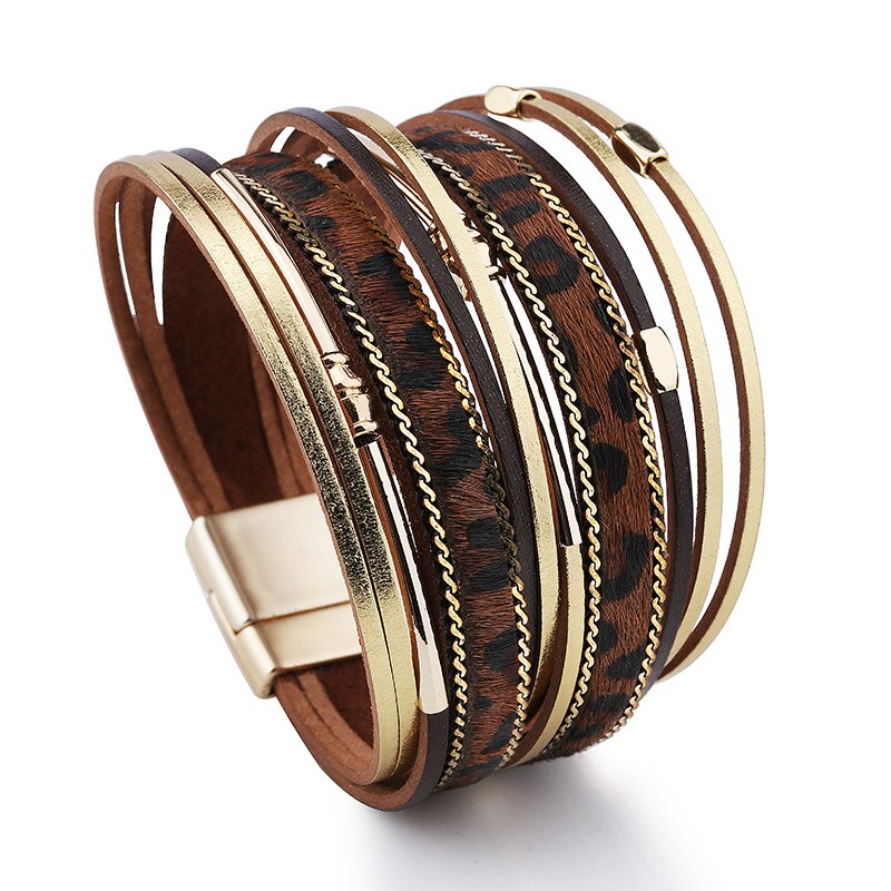 Leren armband dames meerlaagse brede polsband sieraden armband meisjes accessoires: Bruin