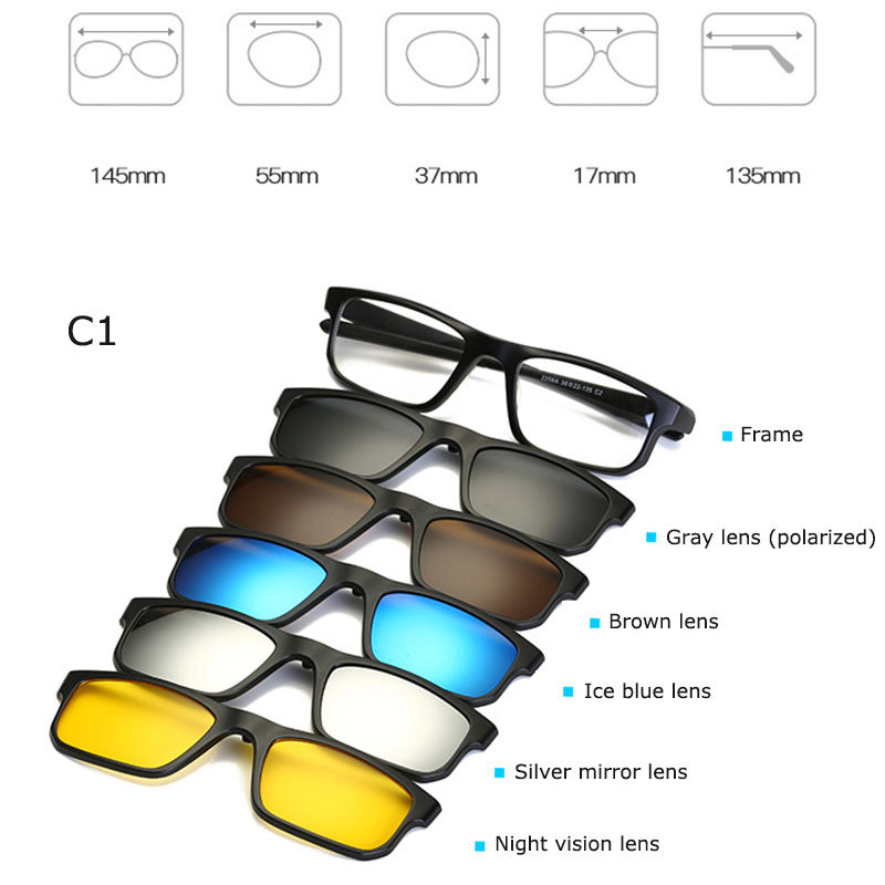 Montura de gafas ópticas para hombre y mujer, gafas de sol magnéticas polarizadas con 5 enganches para miopía, lentes masculinos RS219: RS219 C01