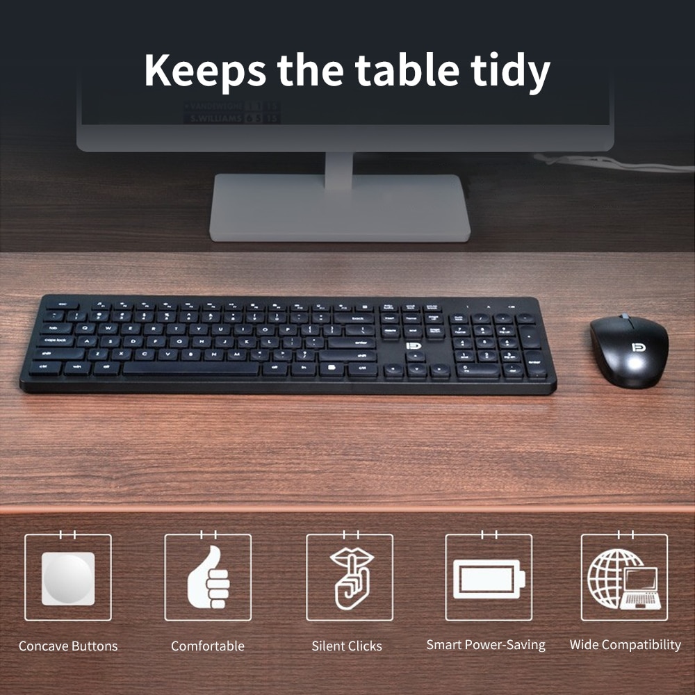 FD Wireless 1600DPI Keyboard &amp; Mouse Combo 2.4GHz Concave Button Set Smart Power-Saving Silent Clicks Slim Combo for Laptop