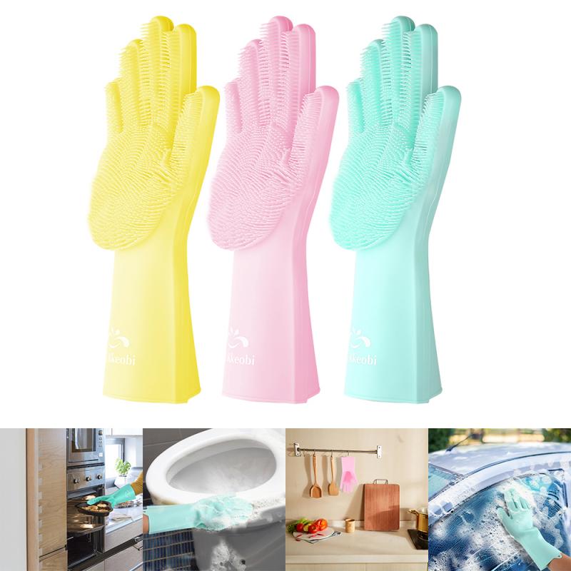 1PC Silicone Dishwashing Scrubber Gloves Kitchen Cleaning Gloves Bath Pet Dog Left Right Hand Gloves Household Cleaning Tools