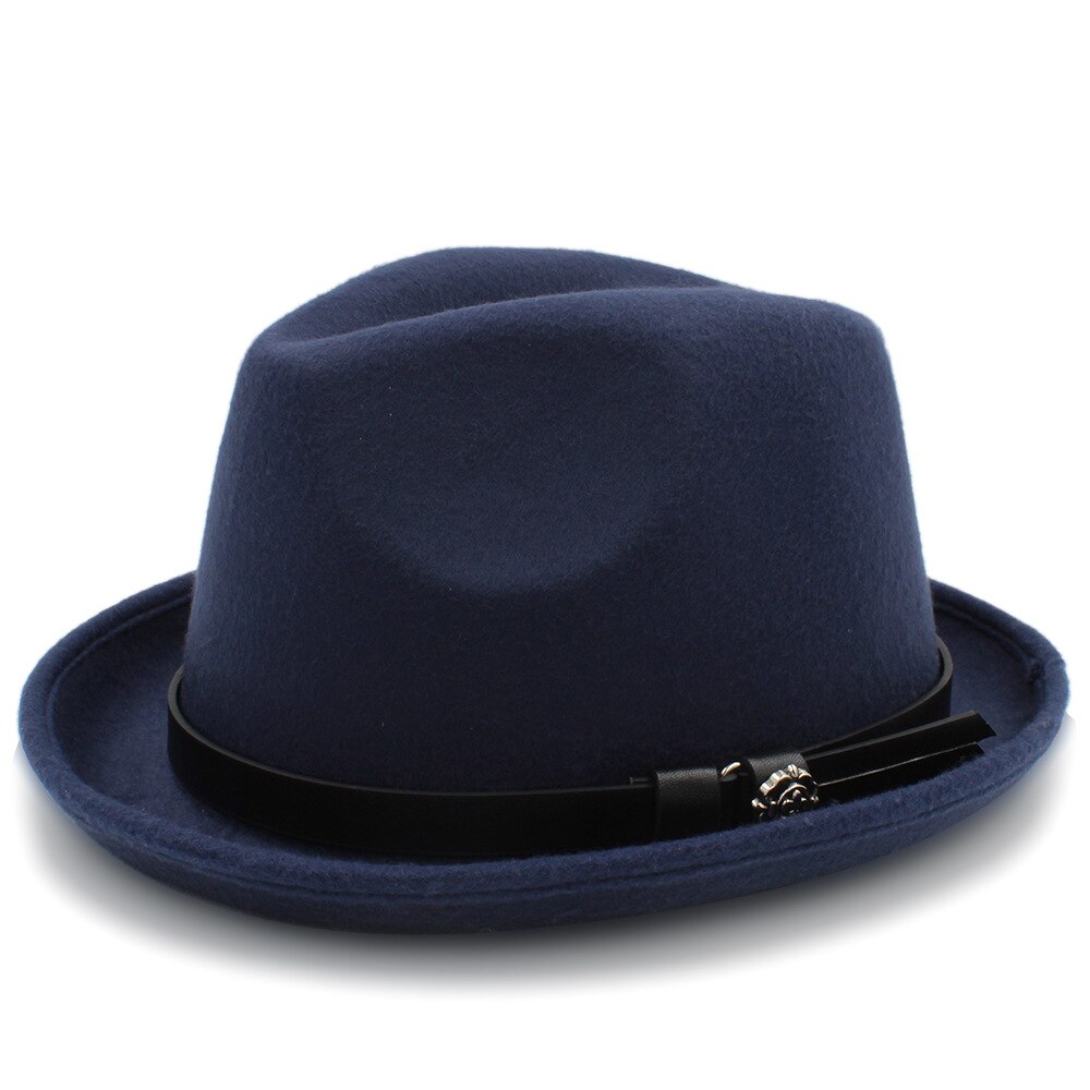 Mænds filt fedora hat til herre vinter efterår kirke roll up brim homburg far jazz hat med bælte: Mørkeblå