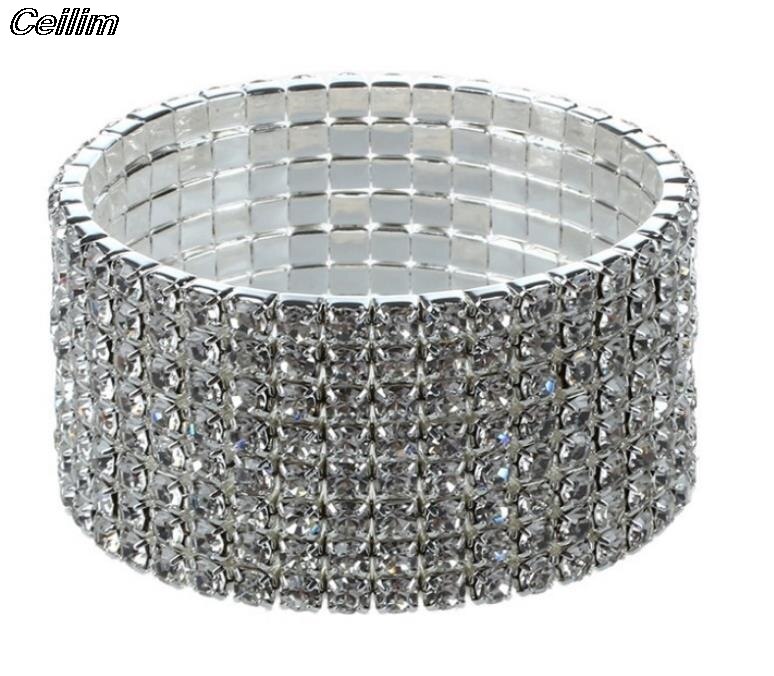 1 To 8 Rows Full Crystal Rhinestone Elastic Bracelet Silver Color Bangle Bling Wristband Women Wedding Bridal Jewelry: 8rows