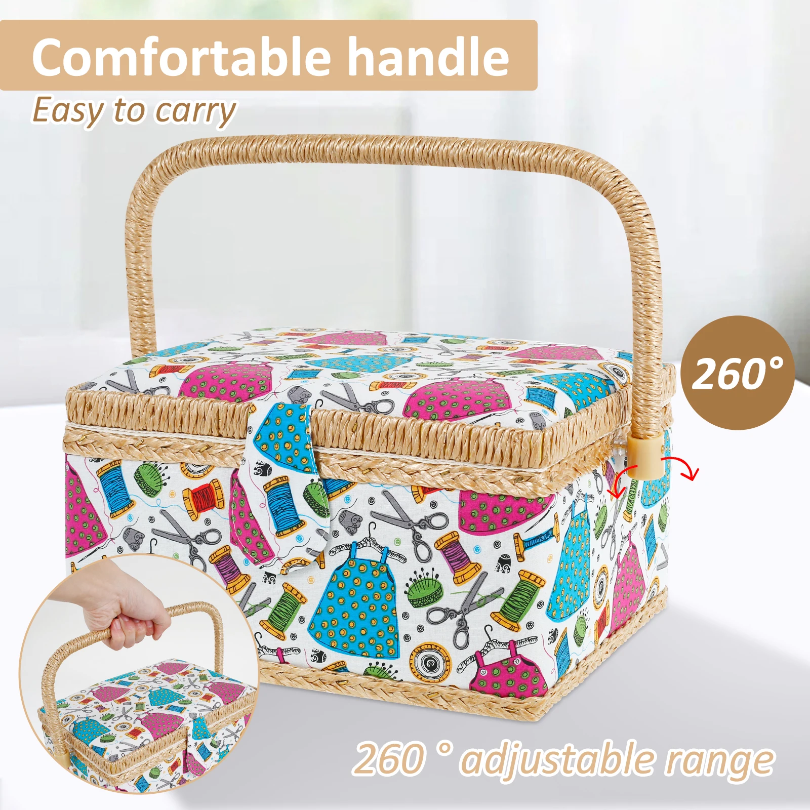 Sewing Basket with Removable Tray Practical Sewing Basket Organizer with Interior Pocket Portable Sewing Storage Box Stylish