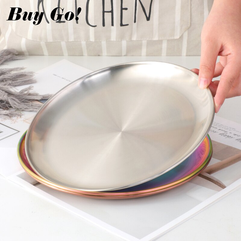 4Colors Stainless Steel Tableware Dinner Plate Food Container Salad Dessert Fruit Services Dish Western Steak Round Dessert Tray
