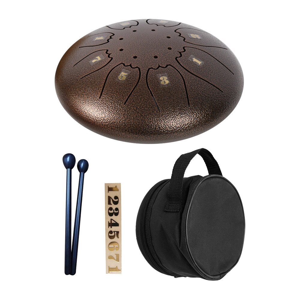 Mini Steel Tongue Drum Metal Hand Drum 5 Inch C Tone 8 Notes Percussion Instrument Stainless Steel with Storage Bag Drumstick: Brown