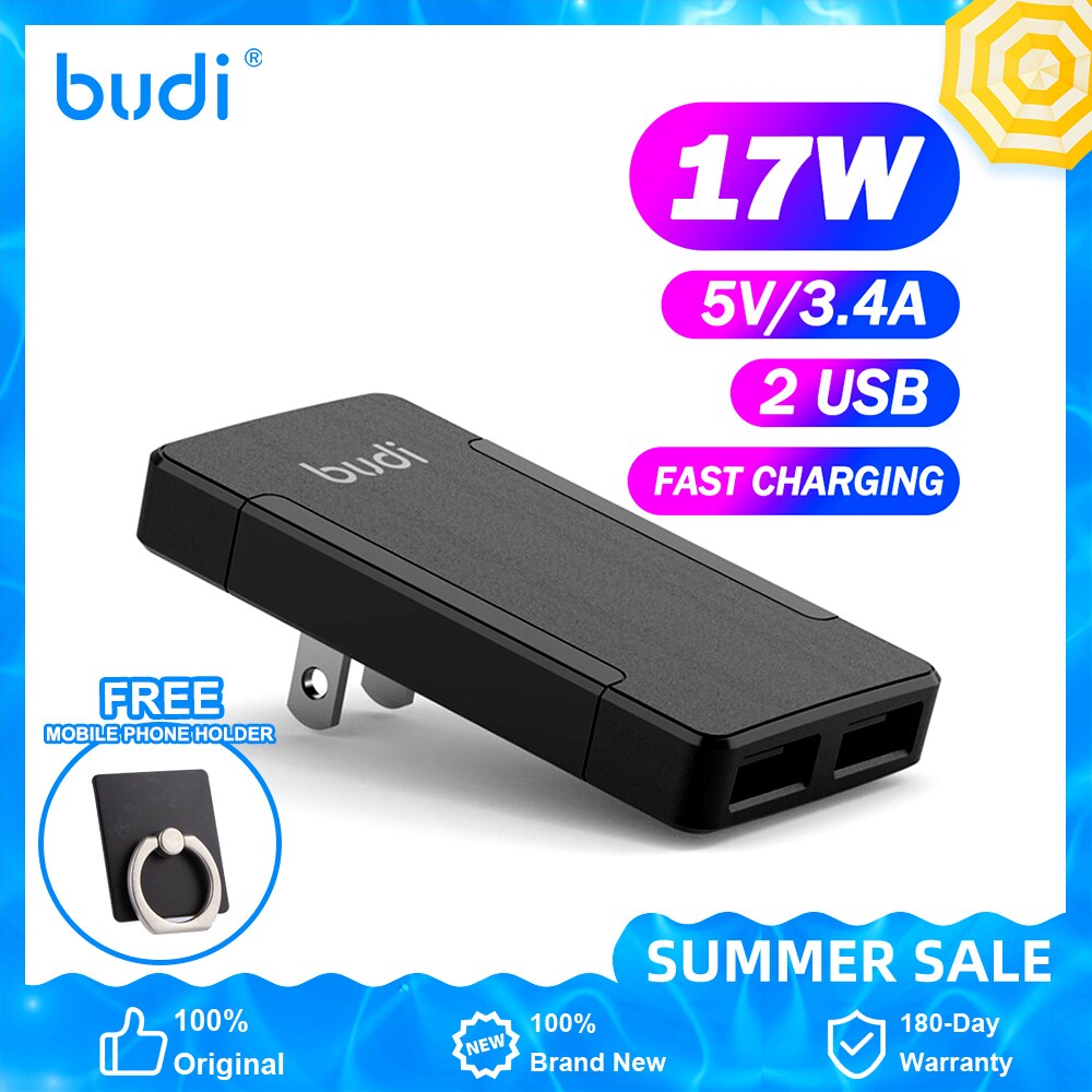 Budi Charger Usb Fast Charger Twee Usb-uitgang Poorten Voor Iphone 12 Samsung S10 Xiaomi Oplader Draagbare Inklapbare Quick Lading