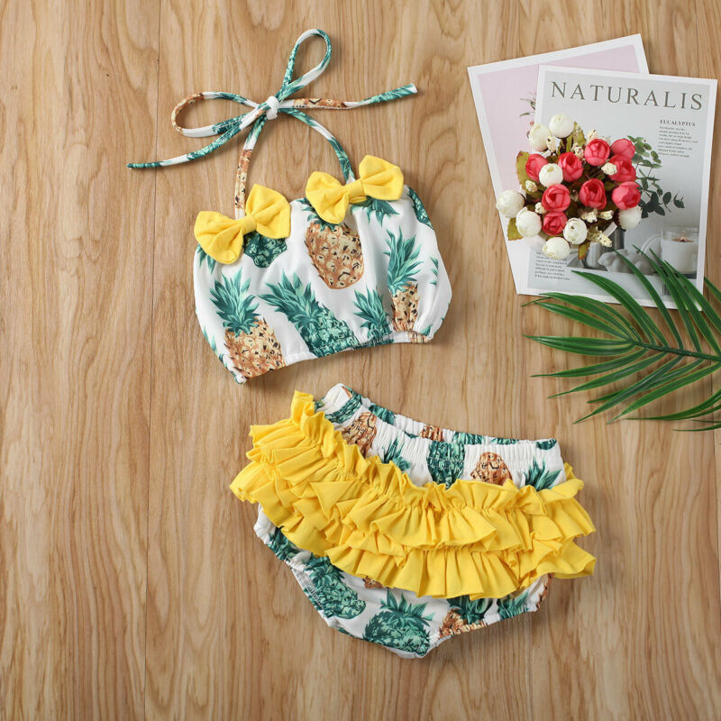 US Stock 2PCS Baby Girl Summer Yellow Swimwear Kids Children Bikini Set Swimsuit