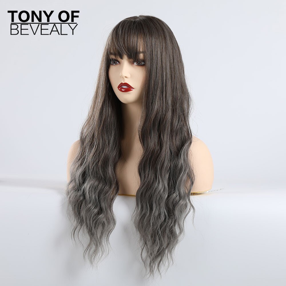 Pelucas de pelo Afro Natural ondulado largo sintético con flequillo para mujeres negras, pelucas onduladas marrones grises y grises con flequillo, fibra resistente al calor