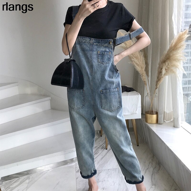 Net Red Denim Overalls Women's Spring And Summer Loose Korean Student Monster Cute Nine-Point Jeans XS-2XL
