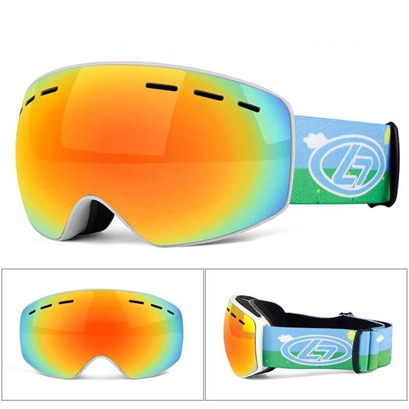 Inverno snowboard óculos de esqui para crianças dupla lente anti nevoeiro máscara à prova vento colorido banhado a grande quadro óculos de esqui crianças: Red Len White Frame