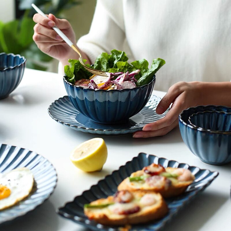 Dinner Plates Food Plates Dish Salad Soup Bowl Klin Glaze Blue Plates and Bowls Set Dinnerware Set Dishes for Restaurant