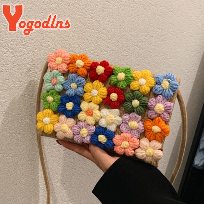 Yogodlns Mode Bloem Flap Bag Voor Vrouwen Geweven Handgemaakte Crossbody Tas Katoen Linnen Messenger Handtas Zomer Reizen Strand Tassen