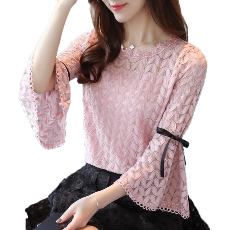 Våren solide blonder skjorter dame bluser o-hals uthult sløyfe bluse skjorte dame topper blonde bluse  dd1571: Rosa / Xl